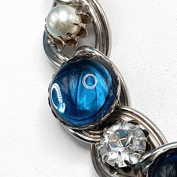 Vintage Blue Cabochon Choker Necklace, Faux Pearl Clear Rhinestone, 1950 Jewelry - Picture 3 of 10